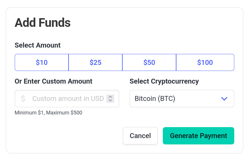 Add Funds screen showing amount selection