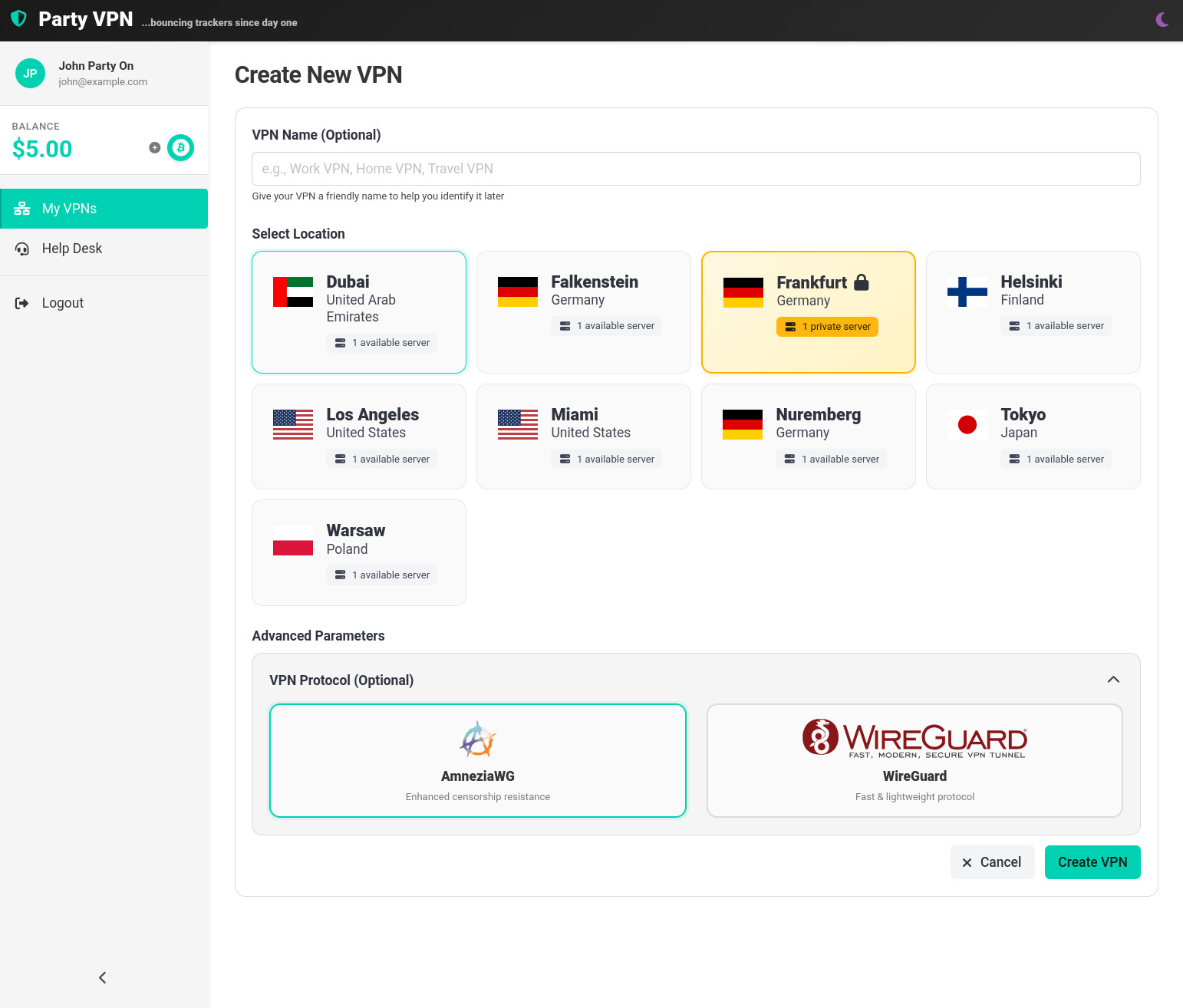 Party VPN dashboard showing the Create New VPN screen