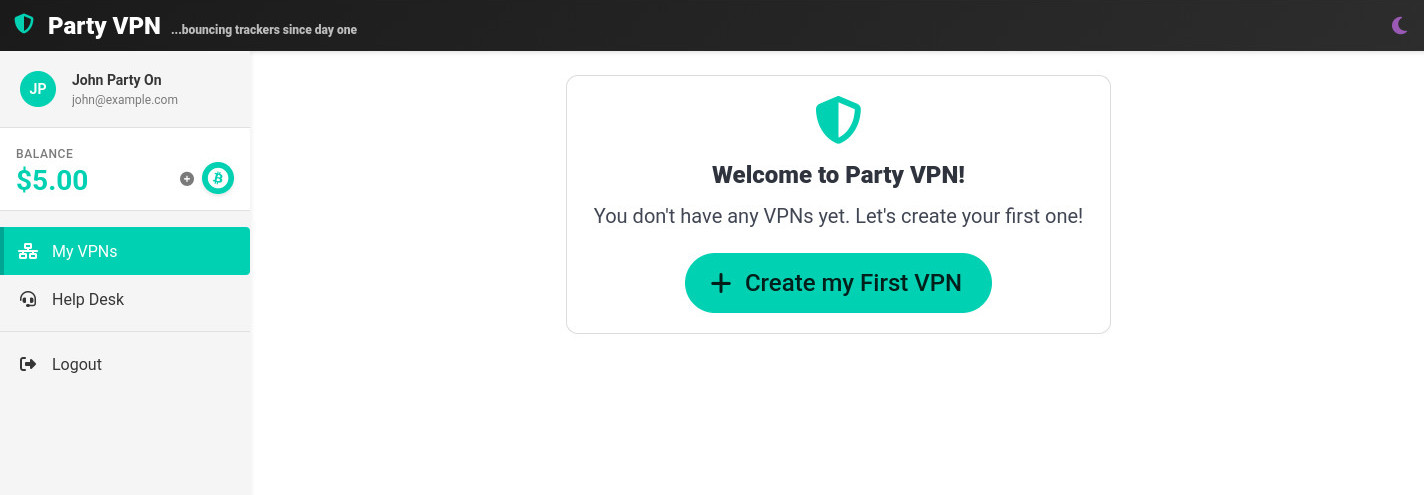 Party VPN dashboard showing the main interface