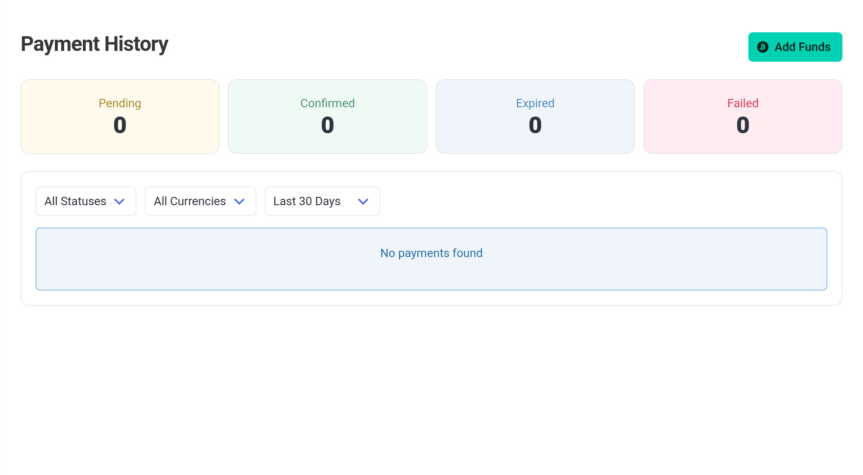 Payment History screen with Add Funds button