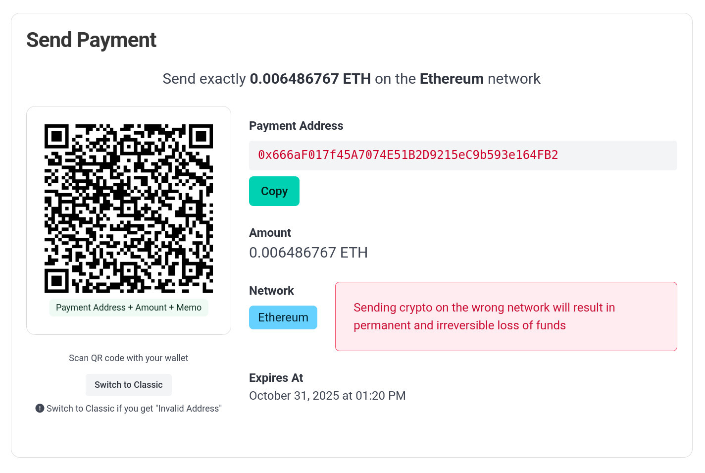 Payment details screen with QR code and payment address