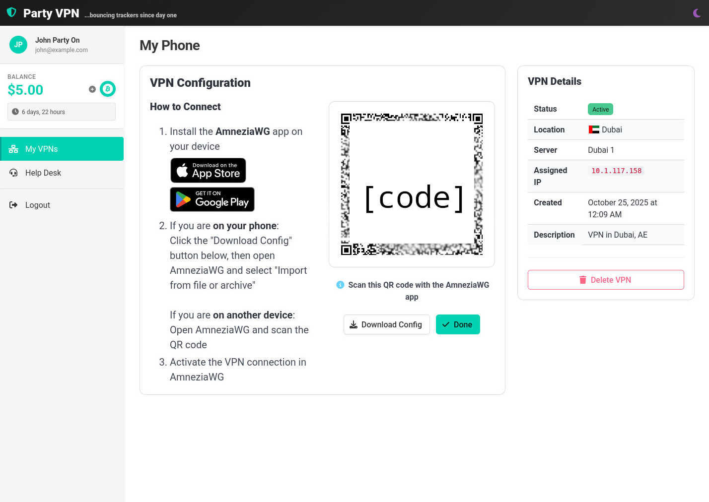 Party VPN dashboard showing the VPN configuration screen